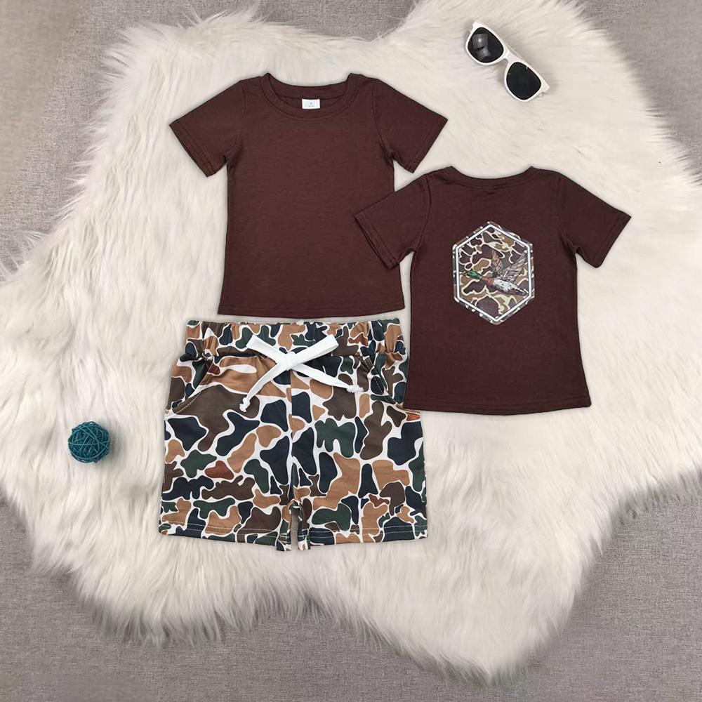 Baby Boys Brown Short Sleeves Camo Ducks Top Pockets Shorts Western Sets
