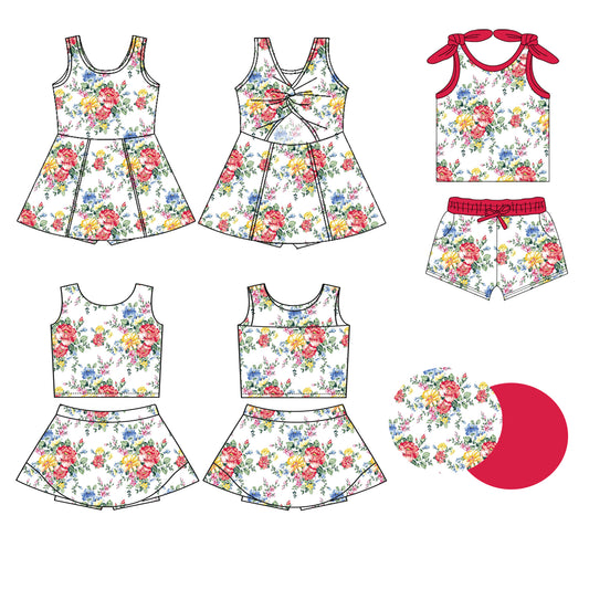Preorder moq 5 Custom Baby Girls Sleeveless Red Floral Top Skort Set Knee Length Dress Pockets Short Set