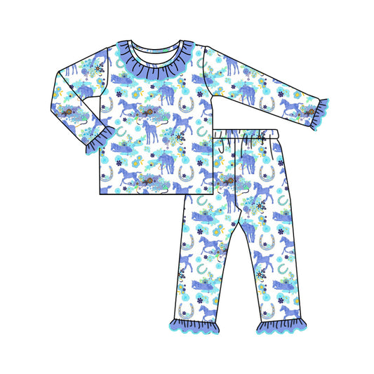 Baby Girls Western Blue Horse Top Pants Pajamas Clothes Sets preorder(MOQ 5)