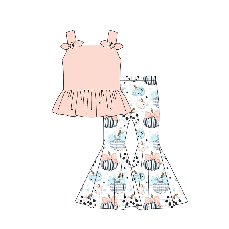 Preorder moq 5 Baby Girls Peach Strap Bows Tunic Bows Pumpkins Bell Bottom Pants Set