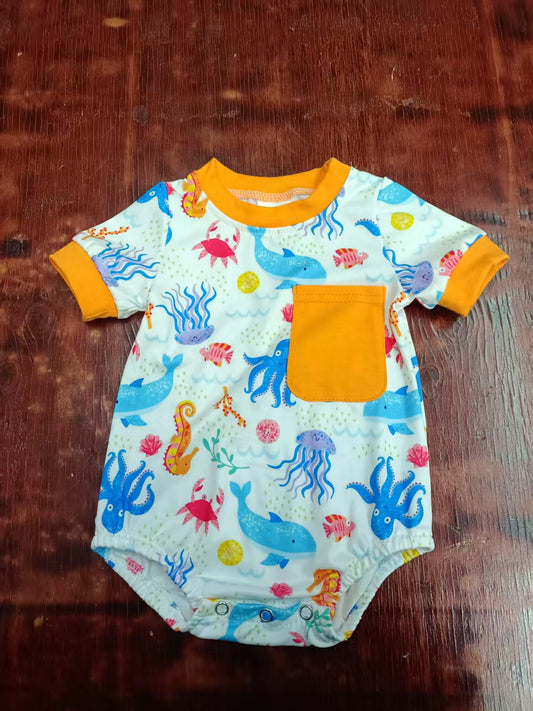 Preorder moq 5 Baby Boys Orange Short Sleeves Sea World Pockets Rompers