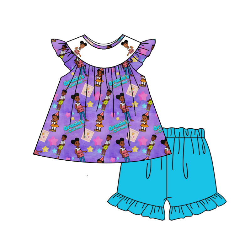 Baby Girls Purple Corner Cartoon Tunic Top Ruffle Shorts Clothes Sets Preorder(moq 5)