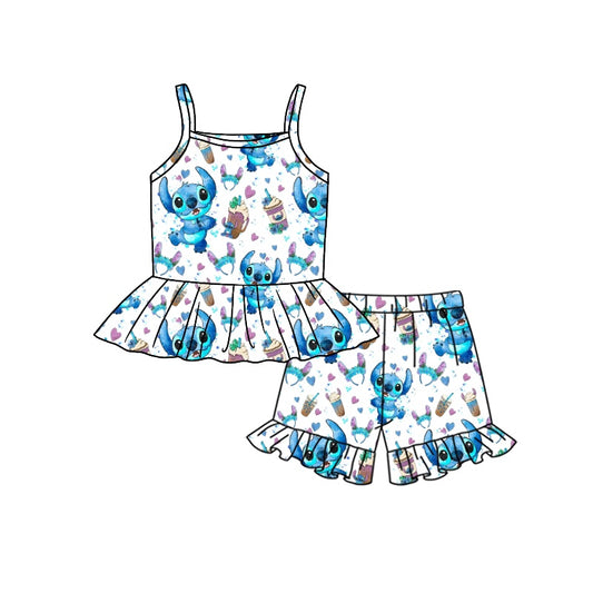 Baby Girls Cartoon Mouse Coffee Straps Top Ruffle Shorts Clothes Sets preorder (moq 5)