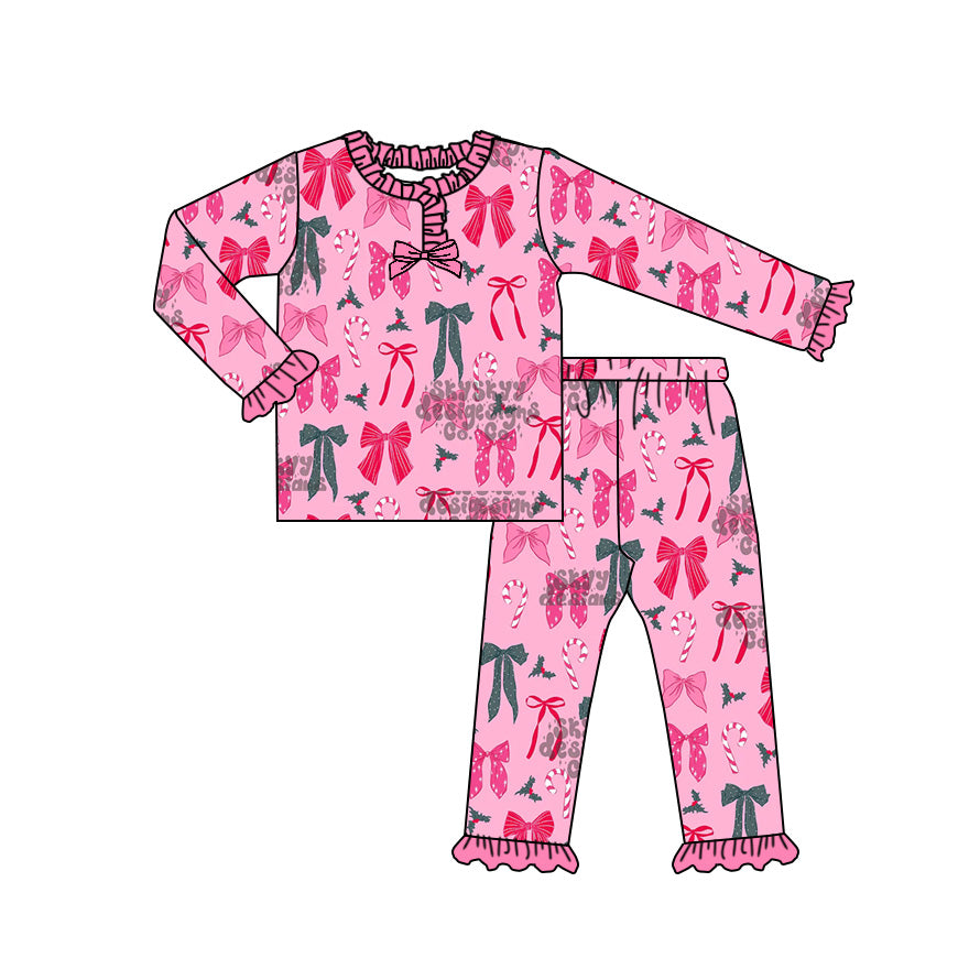 Preorder (moq 20)Baby Girls Bamboo Candy Cane Bows Button Merry Christmas Pajamas Sets