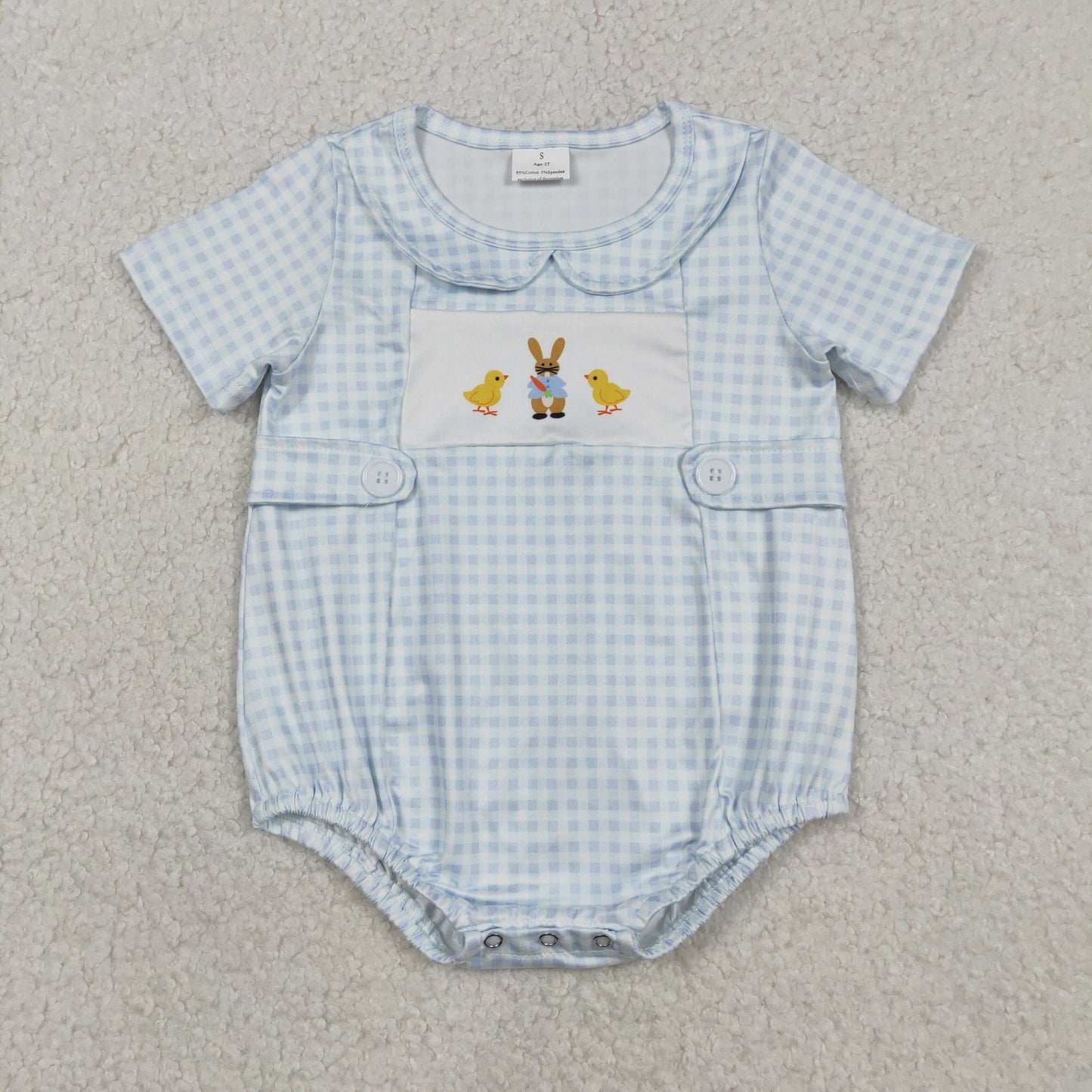 Baby Girls Blue Checked Rabbits Chicks Easter Collar Rompers