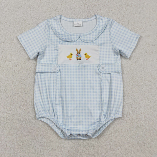 Baby Girls Blue Checked Rabbits Chicks Easter Collar Rompers