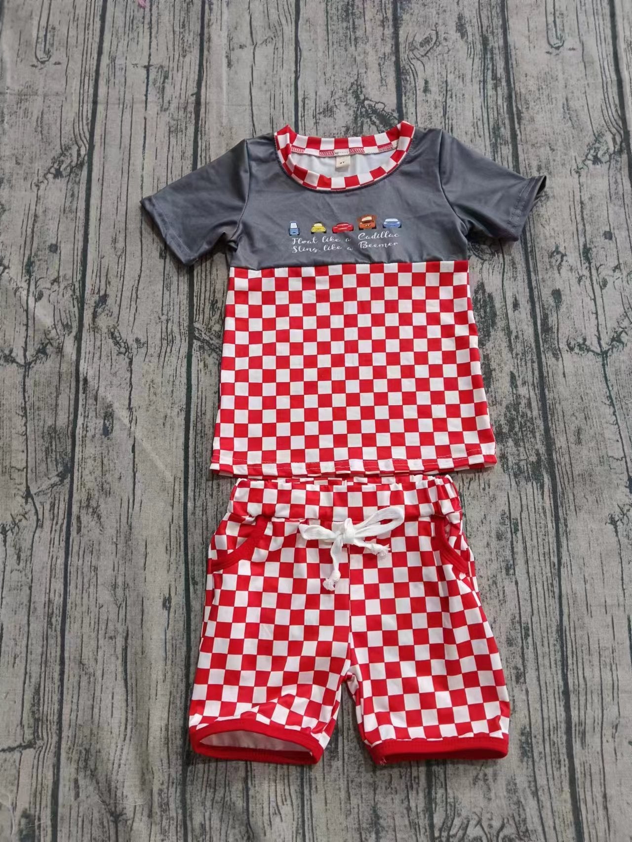 Preorder moq 5 Baby Boys Cartoon Cars Top Red Plaid Pockets Short Set