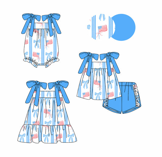 Preorder moq 5 Custom Baby Girls Blue Strap Bows Flags Tunic Ruffle Short 4th Of July Set Knee Length Dress Rompers