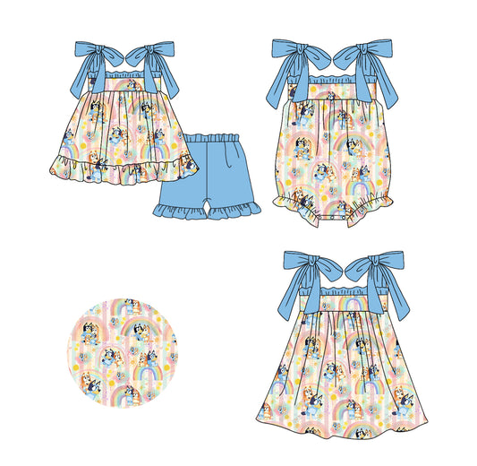 Preorder(moq 5 each)Sibling Baby Girls Cartoon Rainbow Dogs Straps Romper Dress Shorts Sets