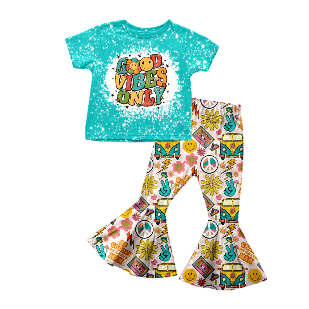 Baby Girls Short Sleeve Vibes Top Bell Bottom Pants Clothes Sets Preorder(moq 5)