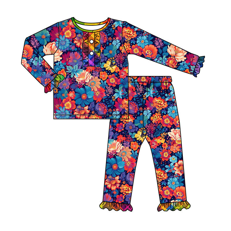 Baby Girls Flowers Dark Color Top Pants Pajamas Clothes Sets Preorder(moq 5)