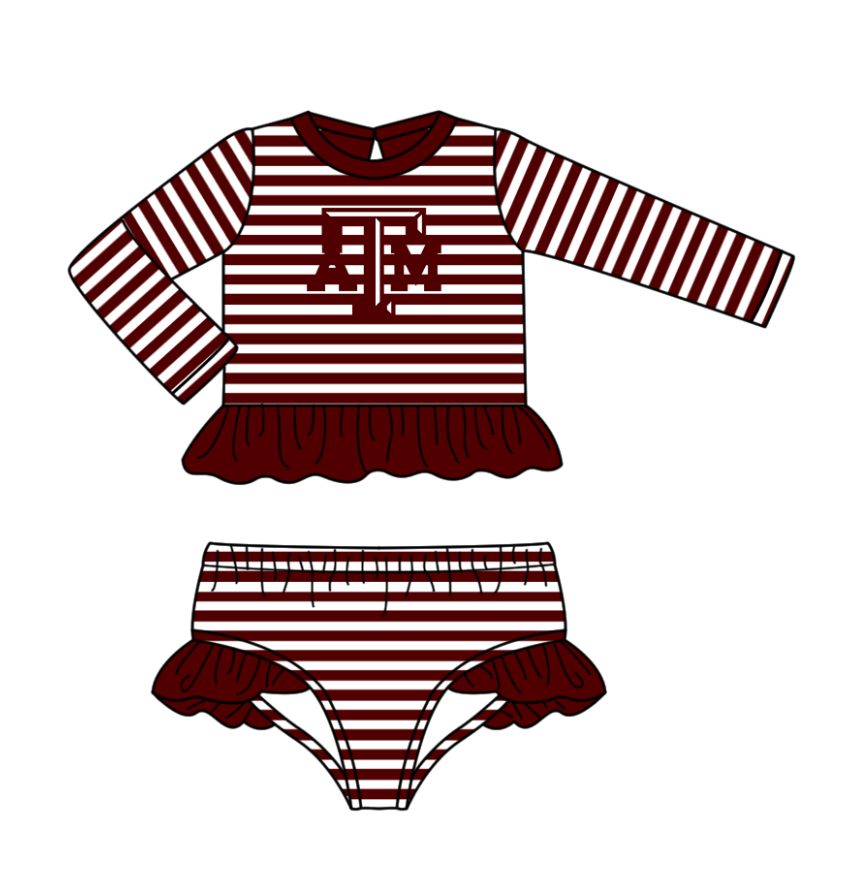 Preorder moq 5 Baby Girls Red Stripe Texas A&M Top Bummies Shorts Team Swimsuits