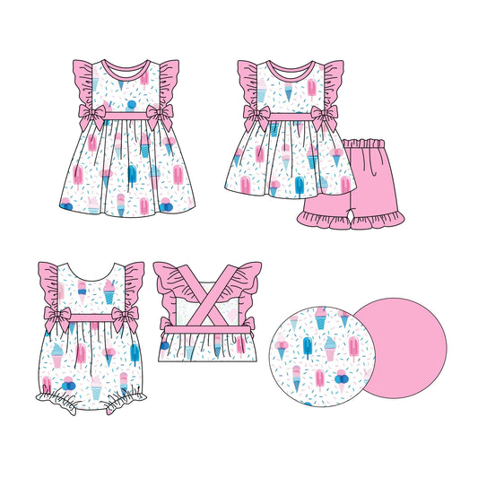 Preorder moq 5 Custom Baby Girls Ice Cream Popsicle Tunic Ruffle Short 4th Of July Sets Knee Length Dress Rompers