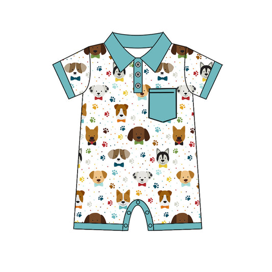 Preorder(moq 5)Baby Infant Boys Dogs Farm Short Sleeve Pocket Rompers