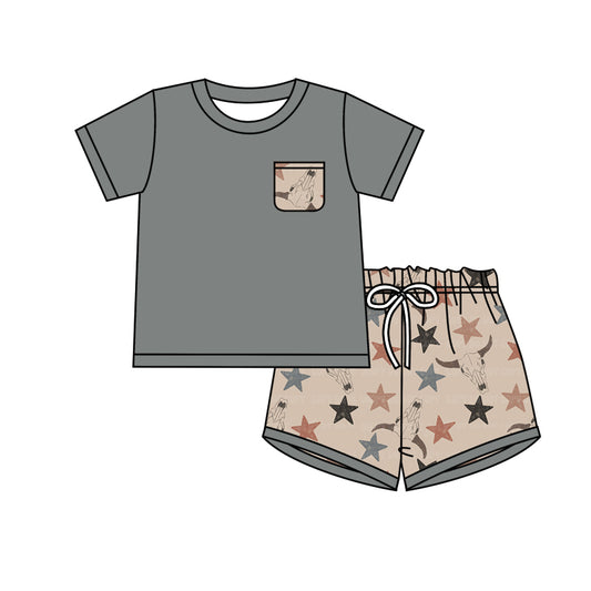 Baby Boys Grey Pocket Shirts Stars Western Shorts Clothes Sets preorder(moq 5)