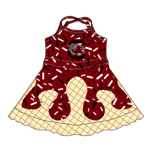 Preorder (moq 5)Baby Girls Drip Sprinkles South Carolina Team Shorts Ruffle Knee Length Dress