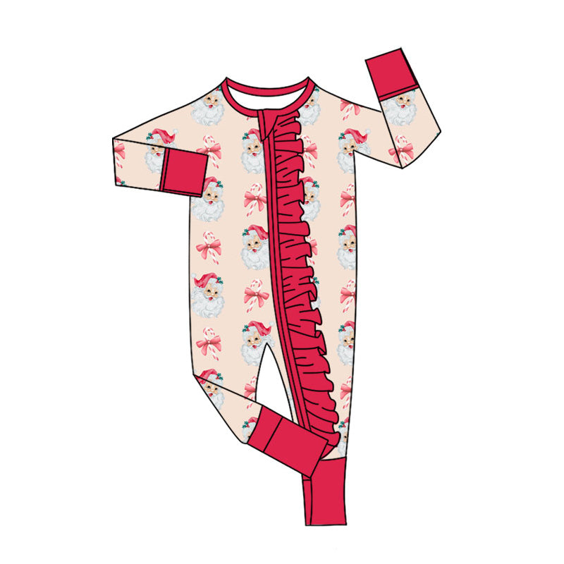 Preorder (moq 20)Baby Girls Bamboo Bows Candy Cane Santa Christmas Ruffle Zippy Footie Rompers