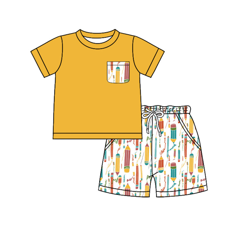 Preorder (moq 5)Baby Boys Pocket Tee Top Back To School Pencils Shorts Clothes Sets