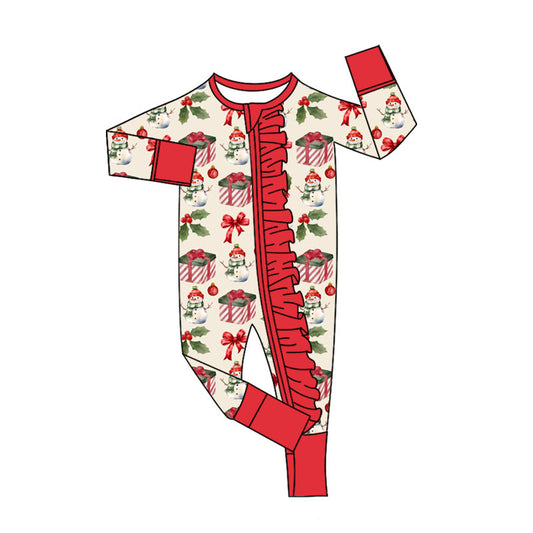 Preorder (moq 20)Baby Girls Bamboo Red Bows Gifts Snowmen Christmas Ruffle Zippy Footie Rompers