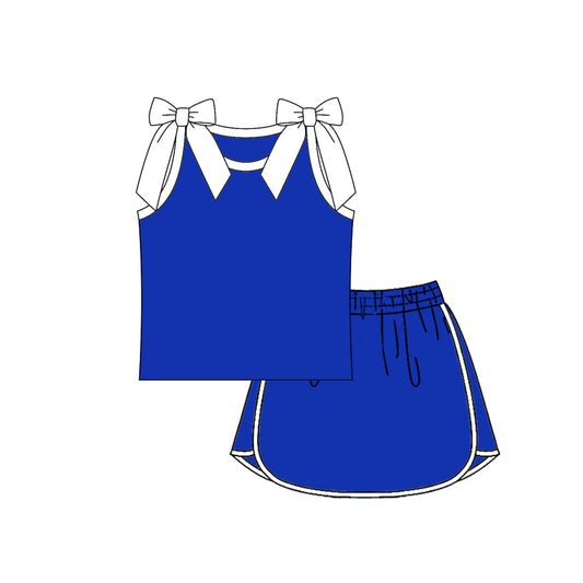 Preorder (moq 5)Baby Girls White Blue Bows Sleeveless Shirts Skirt Shorts Clothes Sets