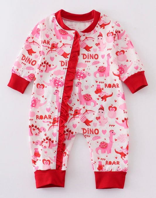 Baby Girls Pink Dinosaur Long Sleeve Ruffle Zip Rompers preorder(moq 5)