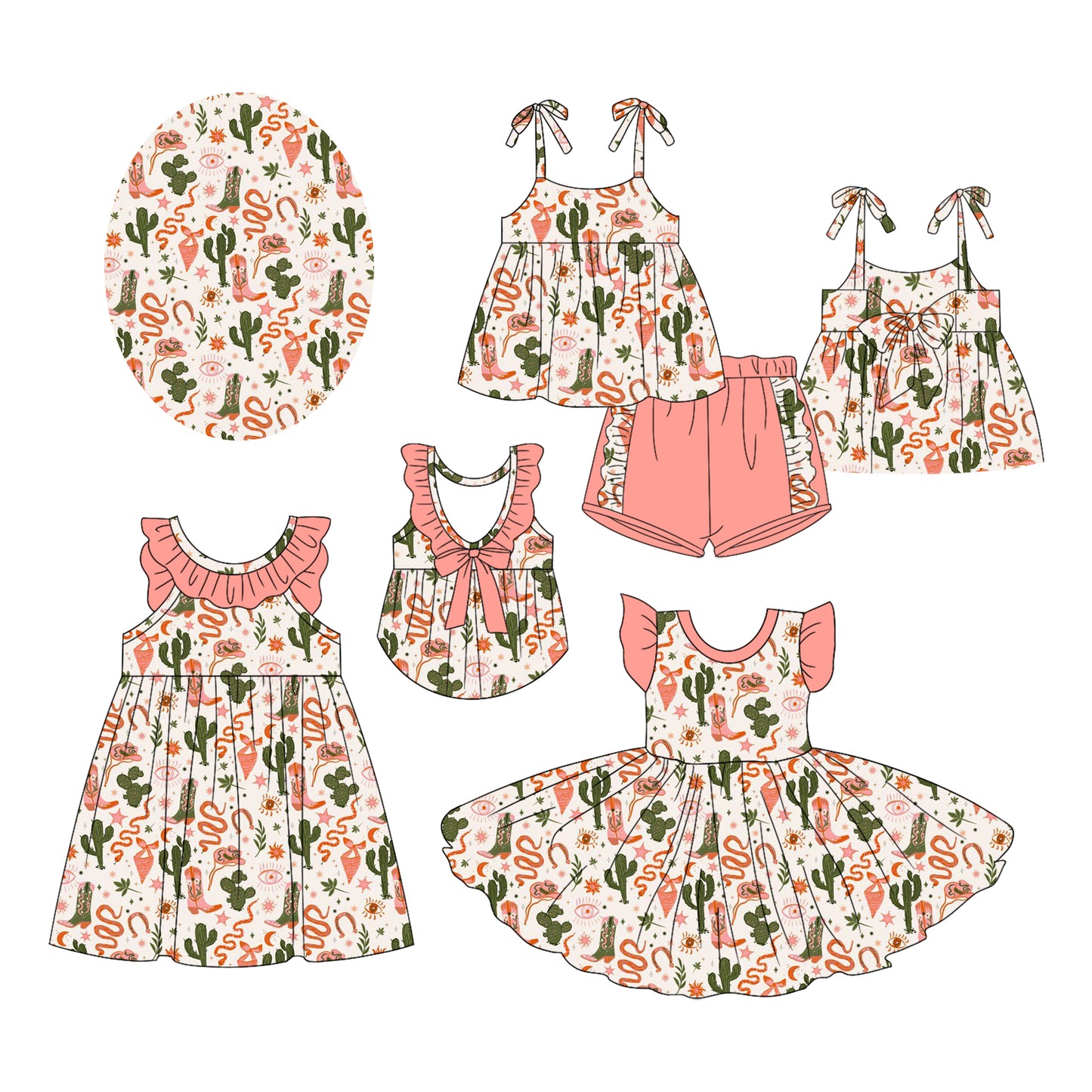Preorder moq 5 Custom Baby Girls Peach Strap Cactus Floral Tunic Ruffle Short Set Knee Length Dresses