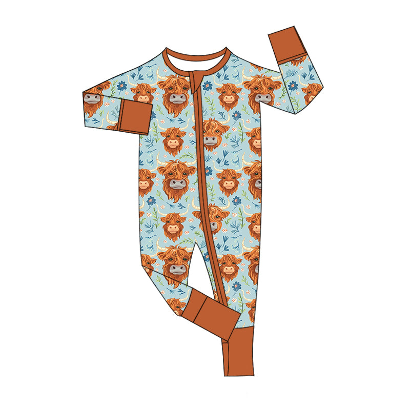 Baby Infant Girls Western Highland Cow Zip Rompers preorder(moq 5)