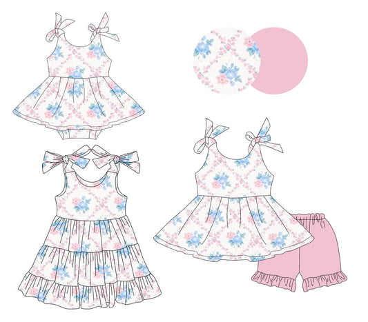 Preorder moq 5 Custom Baby Girls Pink Floral Plaid Tunic Ruffle Short Set Knee Length Dress Bummies Dress Rompers