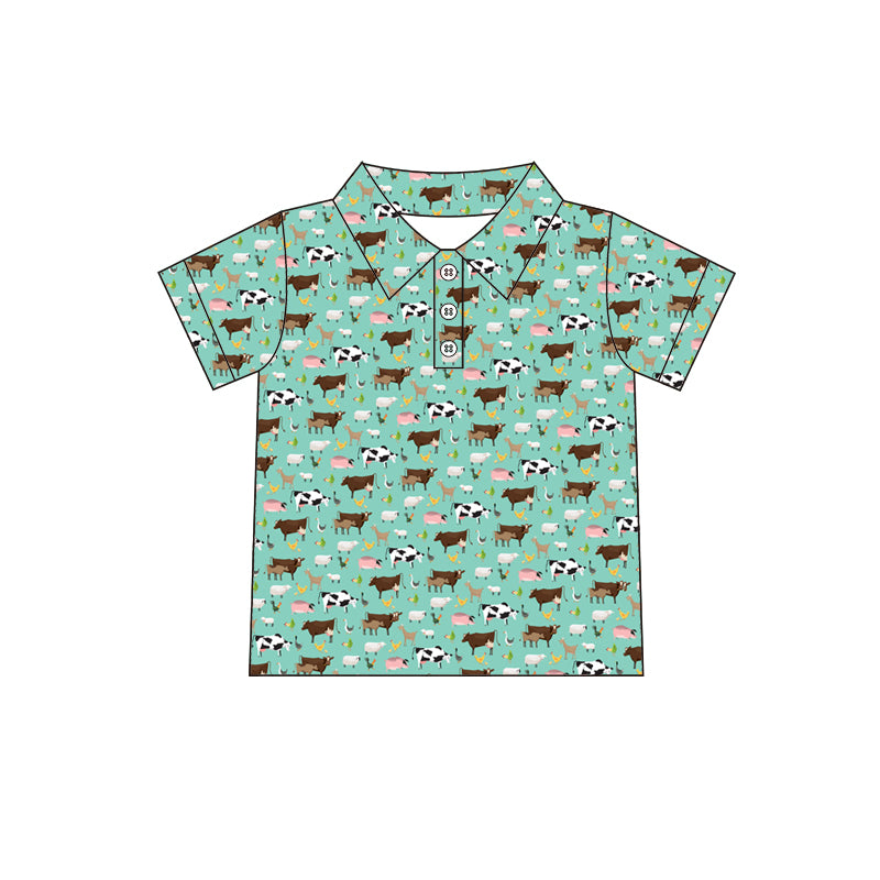 Preorder (moq 5)Baby Boys Green Farm Animals Short Sleeve Buttons Tee Shirts Tops