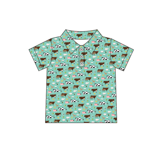 Preorder (moq 5)Baby Boys Green Farm Animals Short Sleeve Buttons Tee Shirts Tops