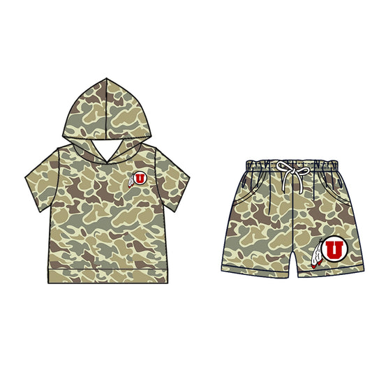 Preorder (moq 5)Baby Boys Khaki Camo Utah Utes Hoodie Pockets Short Team Clothes Set