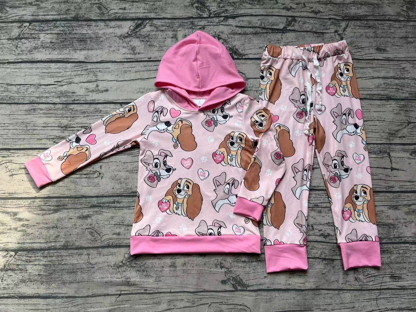 Baby Girls Pink Dogs Valentines Hooded Tee Top Pants Clothes Sets