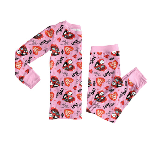 Preorder (moq 20)Baby Girls Bamboo Pink Cartoon Skulls Hearts Valentine Pajamas Sets