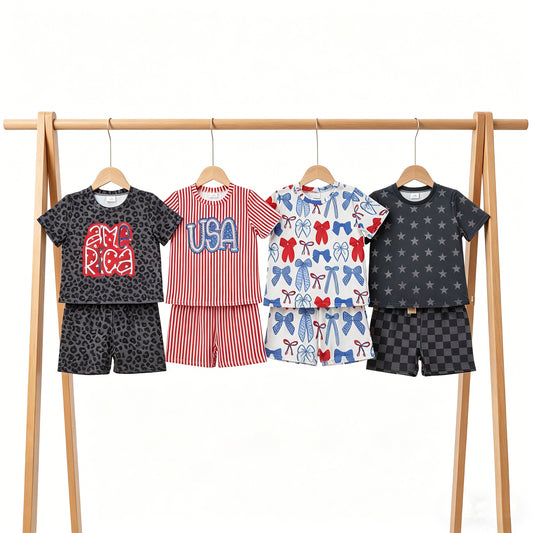 Sibling Baby Girls Summer Stars USA Top Shorts 4th of July Slouchy Pajamas Clothes Sets