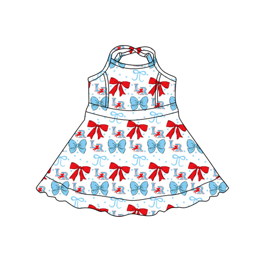 Preorder (moq 5)Baby Girls Strap LR Red Blue Bows Team Knee Length Dresses