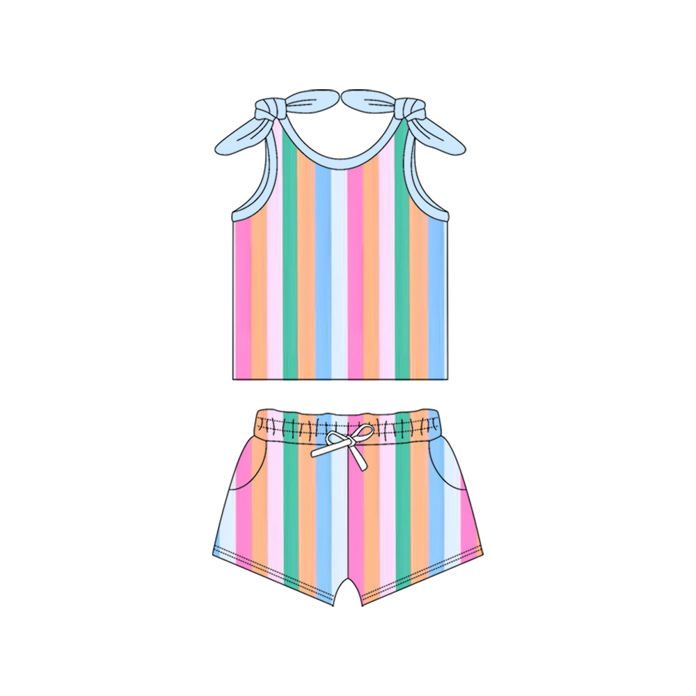 Preorder (moq 5)Baby Girls Bows Strap Colorful Stripe Top Pockets Short Set