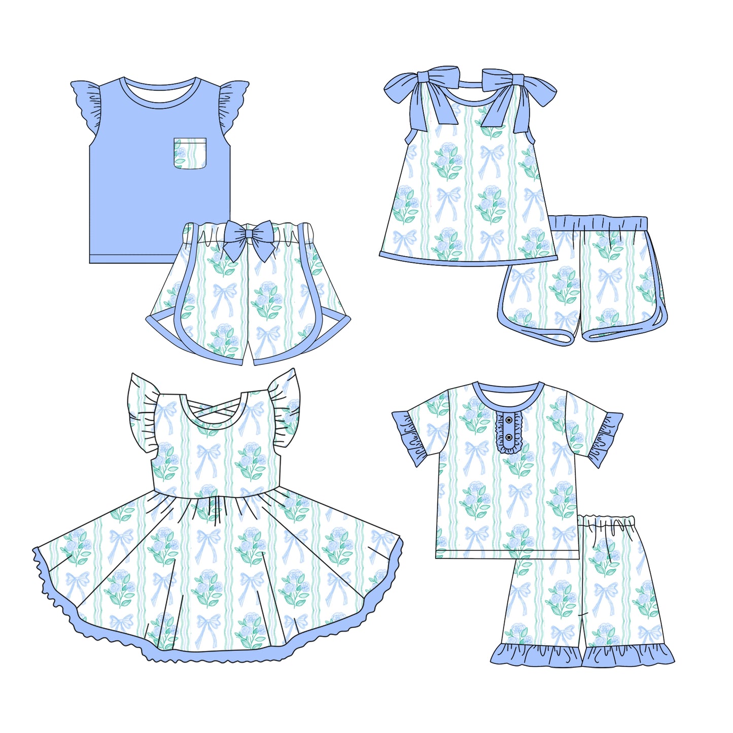 Preorder moq 5 Custom Baby Girls Aqua Stripe Flowers Top Short Sets Knee Length Dresses