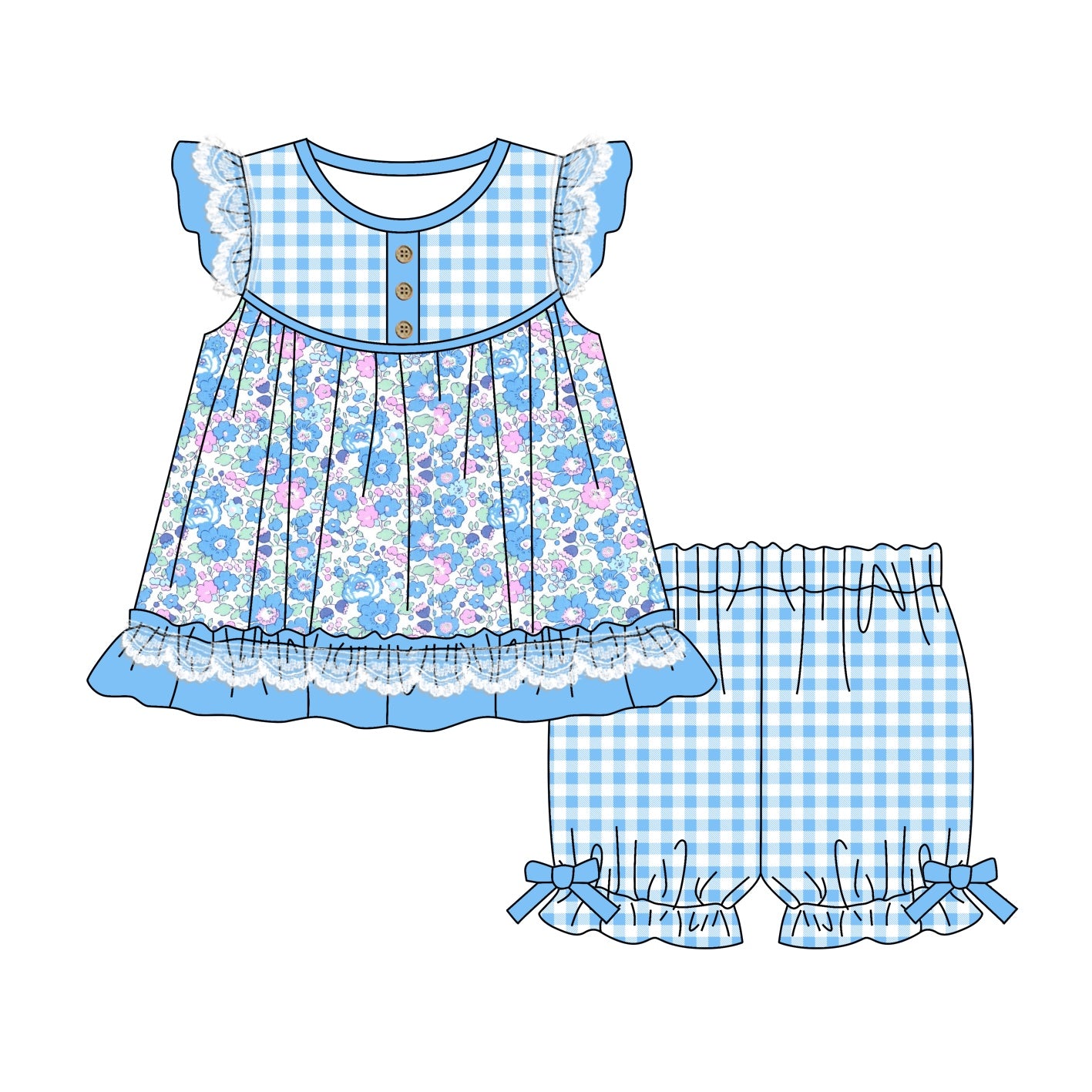 Baby Girls Blue Flowers Tunic Checkered Elastic Shorts Clothes Sets Preorder(moq 5)