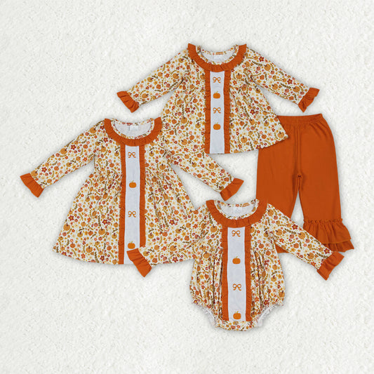 Sibling Embroidery Baby Girls Fall Bows Pumpkins Tunic Pants Set Knee Length Dress Rompers