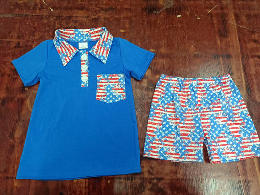 Preorder moq 5 Baby Boys Blue Short Sleeves Button Pocket Top Stars Short 4th Of July Set