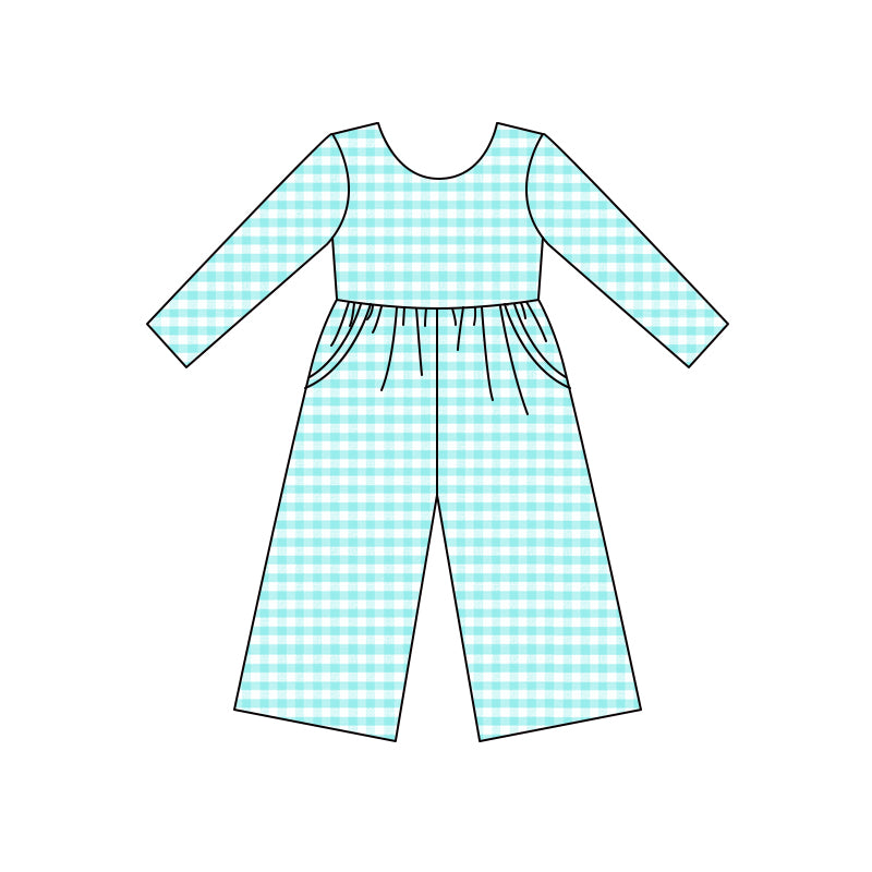 Preorder (moq 5)Baby Girls Blue Checkered Spring Pockets Jumpsuits
