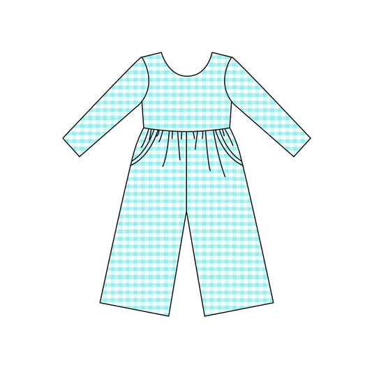 Preorder (moq 5)Baby Girls Blue Checkered Spring Pockets Jumpsuits