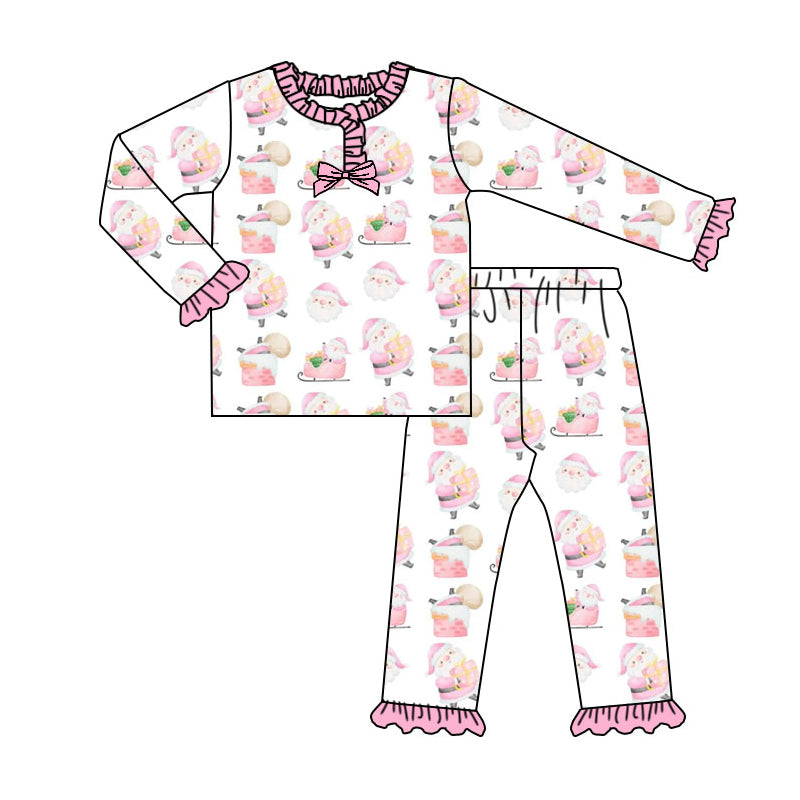 Preorder (moq 20)Baby Girls Bamboo Pink Santa Cakes Christmas Ruffle Pajamas Sets