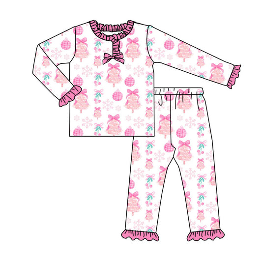 Preorder (moq 20)Baby Girls Bamboo Pink Bows Trees Lights Christmas Ruffle Pajamas Sets
