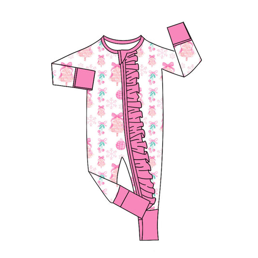 Preorder (moq 20)Baby Girls Bamboo Pink Bows Trees Lights Christmas Ruffle Zippy Footie Rompers