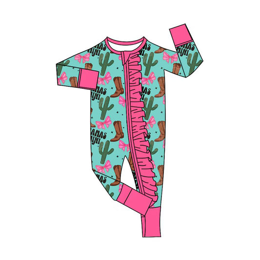 Preorder (moq 20)Baby Girls Bamboo Western Cactus Boots Zippy Footie Rompers