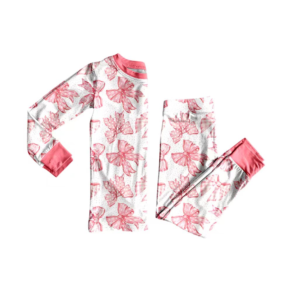 Preorder (moq 20)Baby Girls Bamboo Pink Bows Polka Dots Pajamas Sets