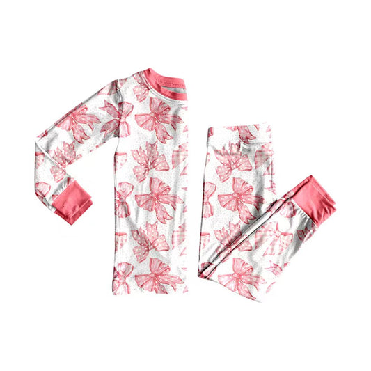 Preorder (moq 20)Baby Girls Bamboo Pink Bows Polka Dots Pajamas Sets