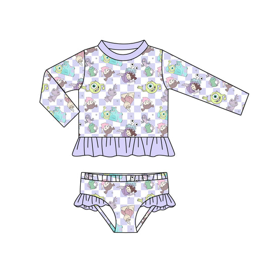Baby Girls Cartoon Lavender Monster Long Sleeve Top Bummie 2pcs Swimsuits preorder(moq 5)
