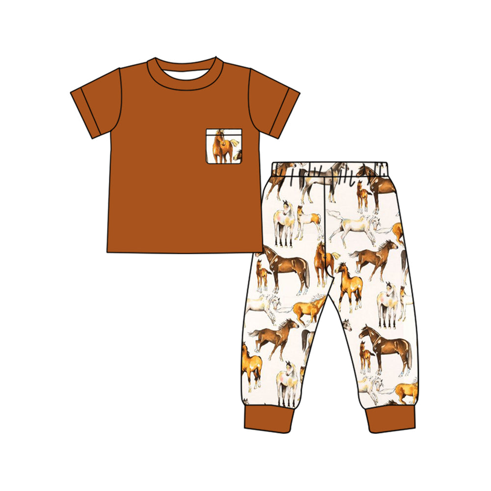 Baby Kids Brown Western Horse Top Jogger Pants Boys Clothing Sets preorder(MOQ 5)